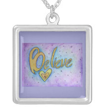 Believe Word Art Painting Silver Necklace Charm