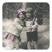 Best Friends, Children on Skis on Christmas Day Stickers