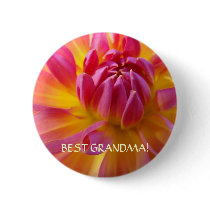 BEST GRANDMA Button Pink Yellow Dahlia Flower