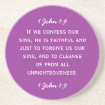 Bible passage 1 John 1:9 in white text. Coasters