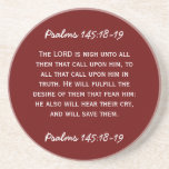 Bible passage 1 John 5:14-15 in white text. Coasters