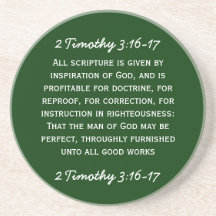Bible passage 2 Timothy 3:16-17 in white text. Drink Coaster