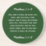 Bible passage Matthew 7:7-8 in white text. Beverage Coasters