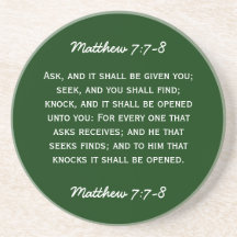 Bible passage Matthew 7:7-8 in white text. Beverage Coasters