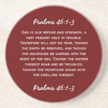 Bible passage Psalms 46:1-3 in white text. Coasters
