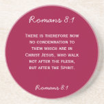 Bible passage Romans 8:1 in white text. Drink Coasters