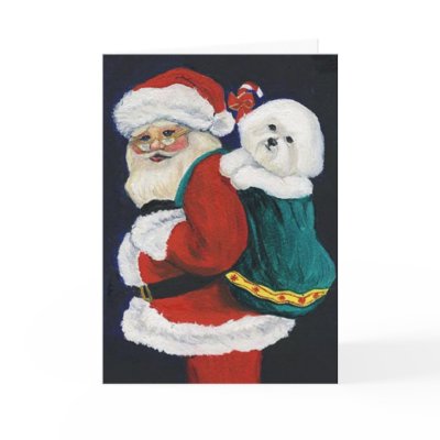 "Bichon Frise and Santa" Dog Art Christmas Card by CharlottesWebArt