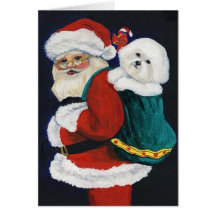 "Bichon Frise and Santa" Dog Art Christmas Card