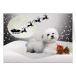 Bichon laying in snow with Santa Over Head Greeting Card