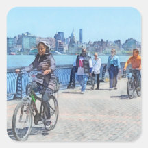Bicycling Along Pier A Hoboken NJ Square Stickers