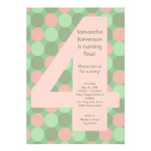 Big 4 Birthday Party Invitations, Pink and Green