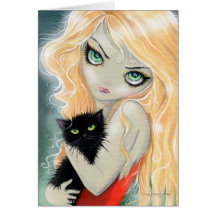 Big Eye Girl with Black Cat Card