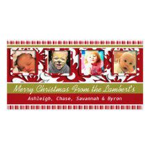 Big Red Flowers Tiny Stripes Christmas Photo Picture Card
