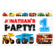 Big Trucks 1st Birthday Party Personalized Announcements