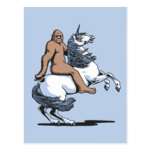 Bigfoot montant une licorne carte postale