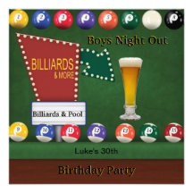 Billiards Pool Mans Birthday Party Night Beer Custom Invitations