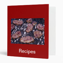 Binder, recipes, red background, steak grilling