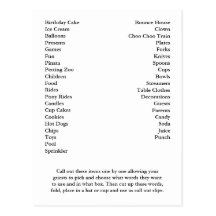 Bingo Card Birthday Party Call Out Words Post Cards