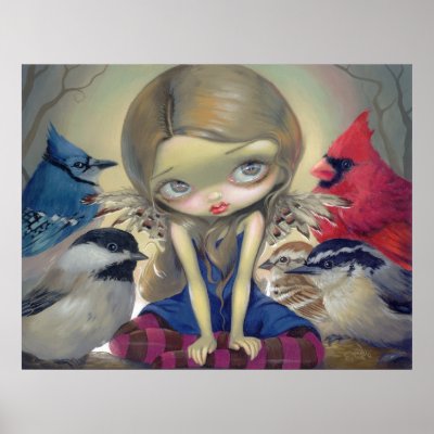 Bird Fairy - Backyard Birds ART PRINT big eyes by strangeling