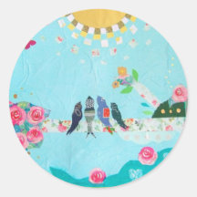 Bird Family Art Collage Round Stickers