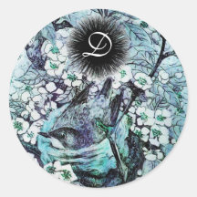 BIRD NEST monogram ,white blue Round Stickers