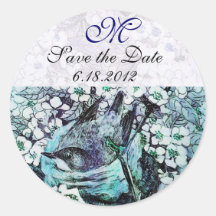 BIRD NEST monogram,white blue Round Stickers