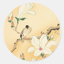 Bird on Magnolia Tree Japanese Woodblock Print Sticker