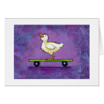 Bird on wheels fun whimsical unique painting art greeting card