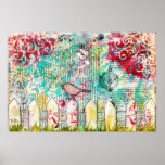 Bird & White Picket Fence Mixed Media Painting Poster