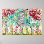 Bird & White Picket Fence Mixed Media Poster Print posters