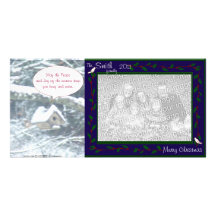 birdhouse in the snow, doves and holly, blue personalized photo card