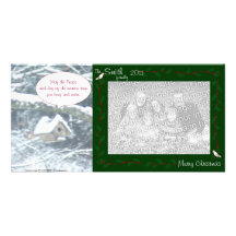 birdhouse in the snow, doves and holly, green photo greeting card