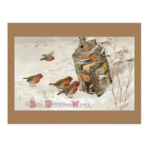 Birds Find Shelter in Lantern Vintage Christmas Postcards