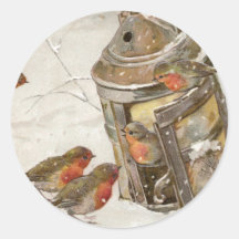 Birds Find Shelter in Lantern Vintage Christmas Round Stickers