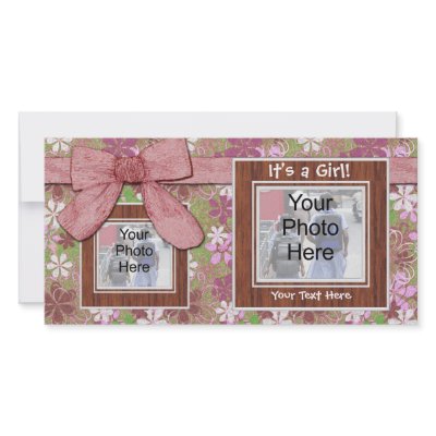 Birth Announcement, Pink Frames and Bow Photo Card by cutencomfy