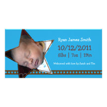 Birth Announcement with a Blue and Star Theme Personalized Photo Card