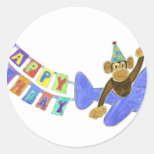 Birthday Airplane Monkey Round Sticker