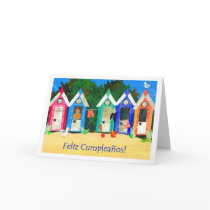 Birthday Beach Huts Card - Spanish Greeting