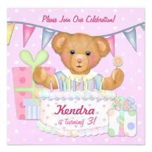 Birthday Bear Girl - Third Birthday Invitations