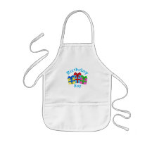 Birthday boy in blue with presents apron