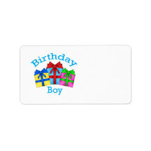 Birthday boy in blue with presents personalized address labels