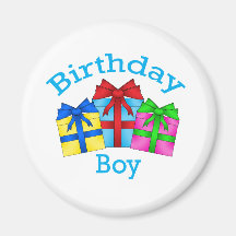 Birthday boy in blue with presents magnet