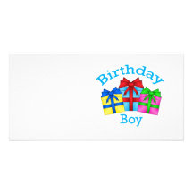 Birthday boy in blue with presents photo cards