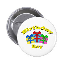 Birthday boy in yellow with presents pinback button