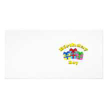 Birthday boy in yellow with presents photo greeting card