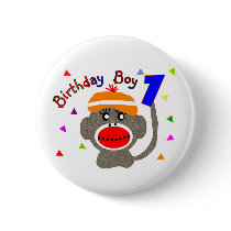 Birthday BOY Sock monkey 1 year old Pinback Button