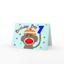Birthday BOY Sock monkey 1 year old Greeting Cards