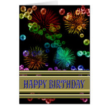 Birthday card with rainbow bubbles and fireworks
