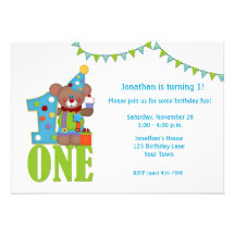 Birthday Clown Bear, One, Birthday Invitation