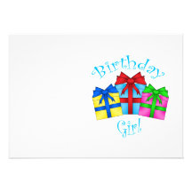 Birthday girl in blue with presents custom invitations